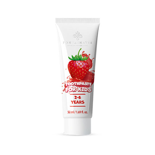Toothpaste dedicated to children between 2-6 years old with FONTAINAVIE strawberry flavor